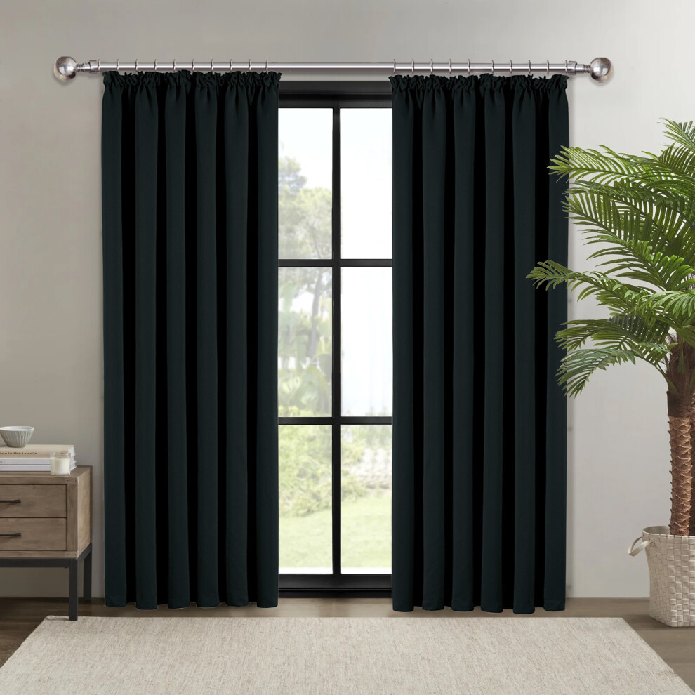 (BLACK, 90 x 90) Pencil Pleat Curtains Thermal Blackout Curtain