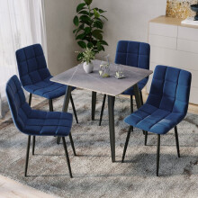 (Armani Grey + 4 Blue Velvet Chairs) 80cm Modern Dining Table & Velvet Chairs Set