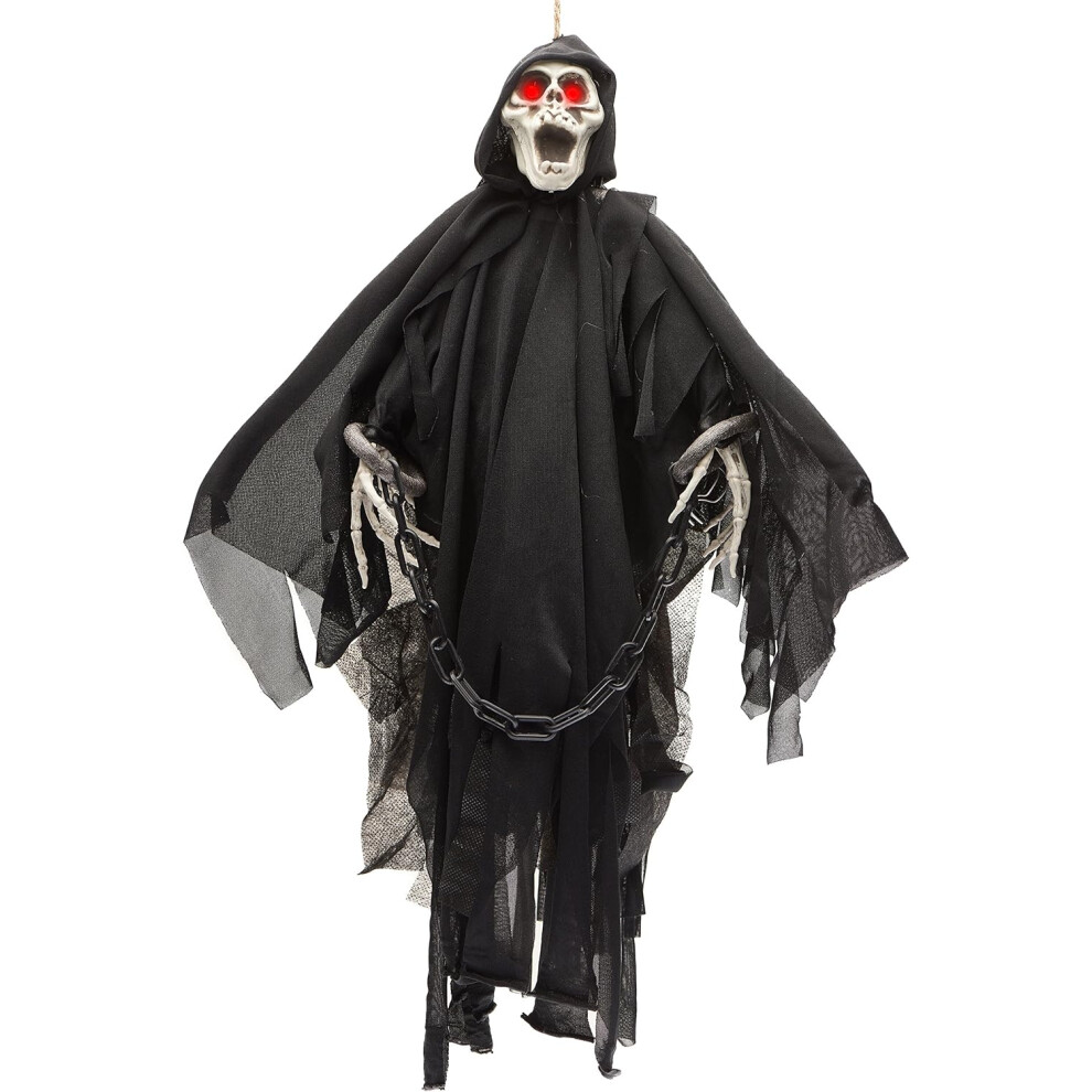 Prextex Skeleton Halloween Decorations Spooky Hanging Grim Reaper Skeleton Glowing Eyes & Chains Garden Halloween Decor 38 cm Skeleton 64cm Cloak