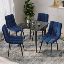 (Crimea Shinny + 4 Blue Velvet Chairs) 80cm Modern Dining Table & Velvet Chairs Set