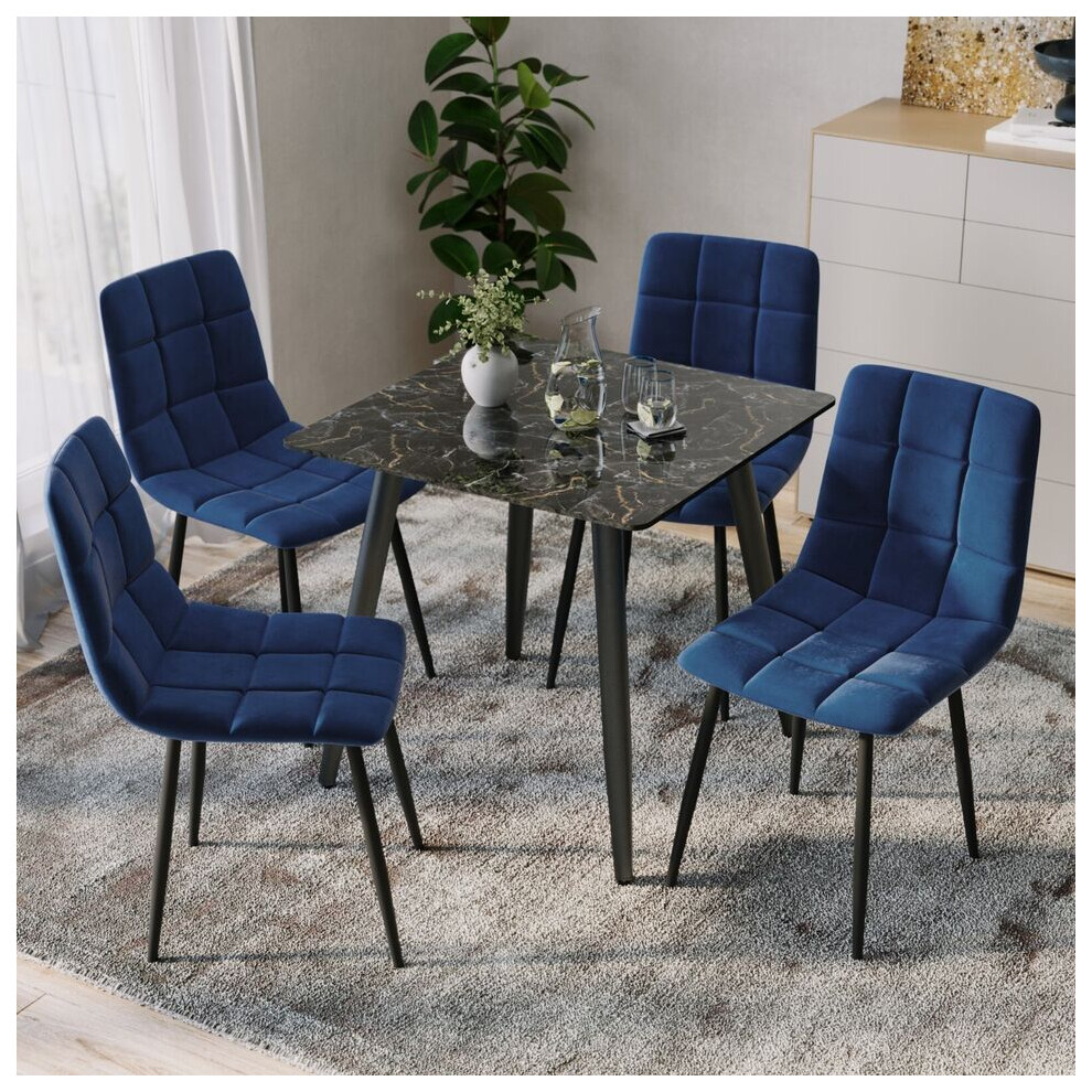 Urbn Living (Crimea Shinny + 4 Blue Velvet Chairs) 80Cm Modern Dining Table & Velvet Chairs Set Blue,Cream