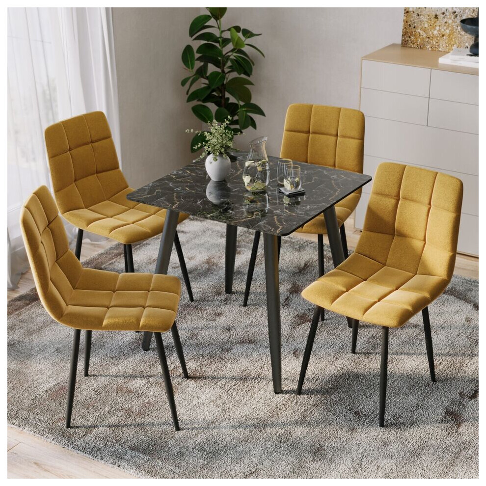 Urbn Living (Crimea Shinny + 4 Yellow Velvet Chairs) 80Cm Modern Dining Table & Velvet Chairs Set Cream,Yellow