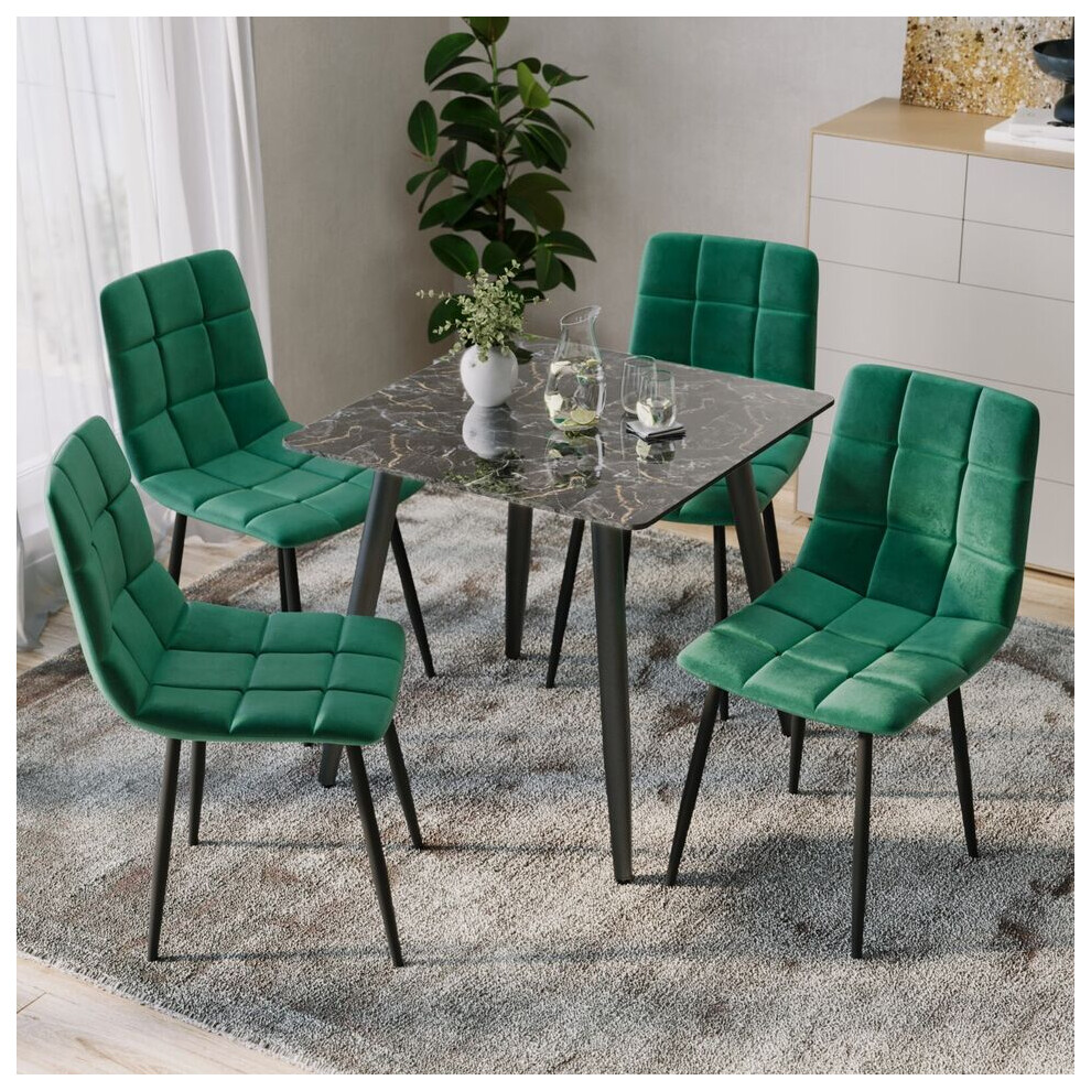 Urbn Living (Crimea Shinny + 4 Green Velvet Chairs) 80Cm Modern Dining Table & Velvet Chairs Set Green,Cream