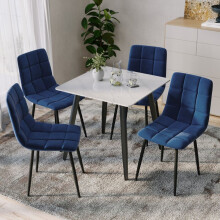 (Gloss White + 4 Blue Velvet Chairs) 80cm Modern Dining Table & Velvet Chairs Set