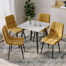 (Gloss White + 4 Yellow Velvet Chairs) 80cm Modern Dining Table & Velvet Chairs Set