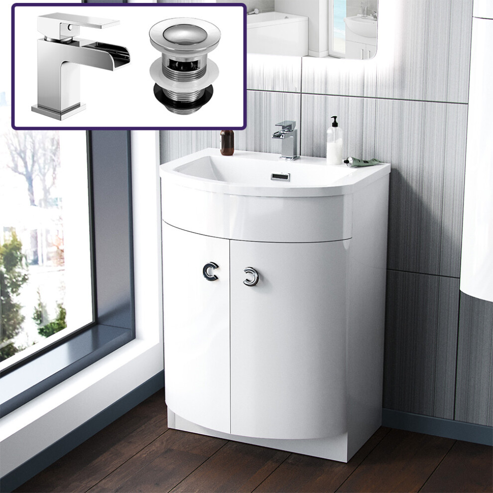 Nes Home | Graham Bathroom White Freestanding Basin Sink Vanity Unit With Waterfall Basin Mixer Tap With Basin Waste