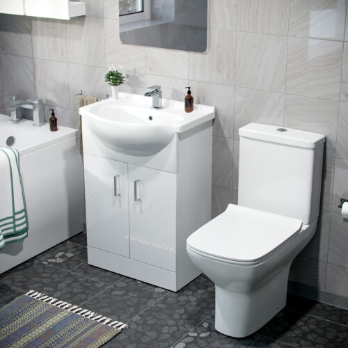 NES Home Nes Home Bathroom Basin Flat Pack Vanity Unit, Toilet and Bath Suite White 2