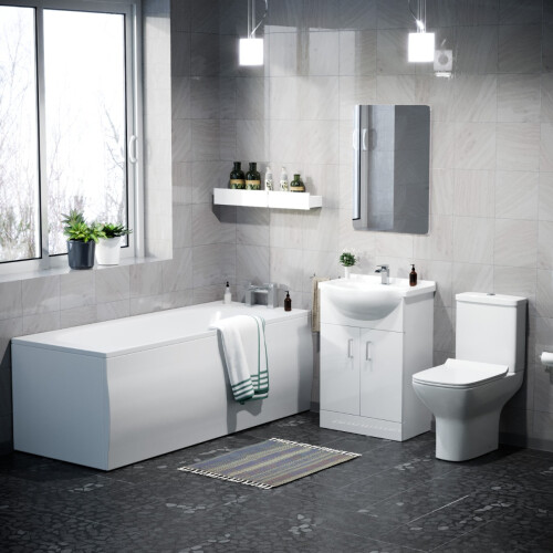 NES Home Nes Home Bathroom Basin Flat Pack Vanity Unit, Toilet and Bath Suite White