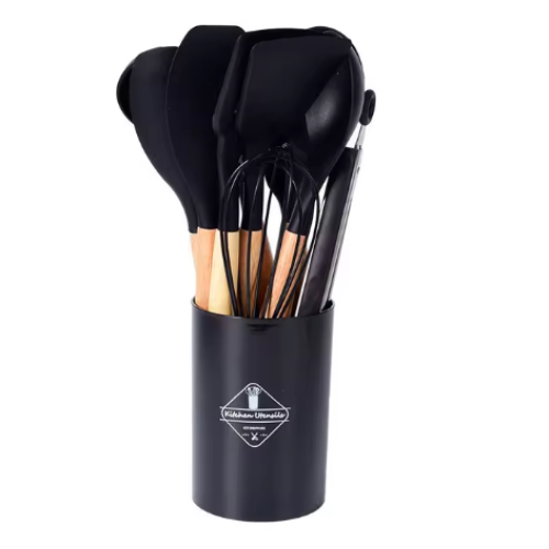 (Black) 12 Pieces Silicone Kitchen Cookware Utensils