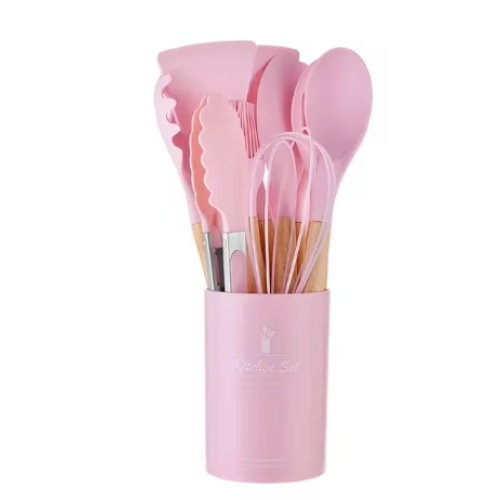 (Pink) 12 Pieces Silicone Kitchen Cookware Utensils