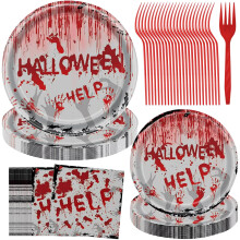 Halloween Supplies Plates Napkins And Fork Set Halloween Blood Handprints Horror Atmosphere Party Supplies