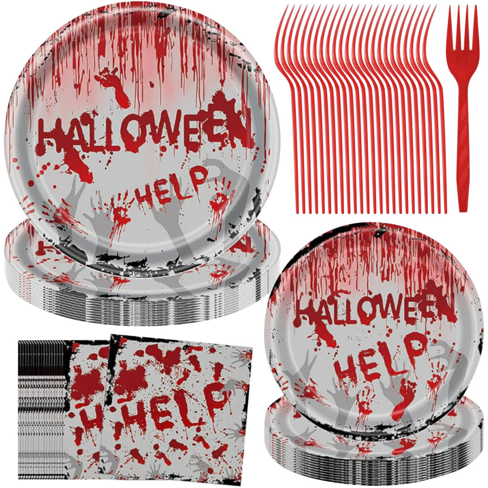 Halloween Supplies Plates Napkins And Fork Set Halloween Blood Handprints Horror Atmosphere Party Supplies