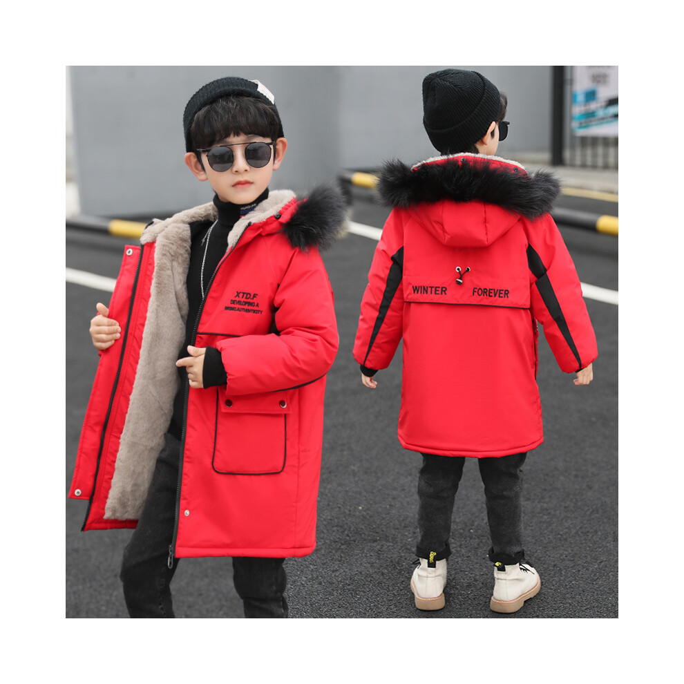 (Red, 5-6Years) Kids Boys Coat Fur Hooded Parka Jacket Outwear UK