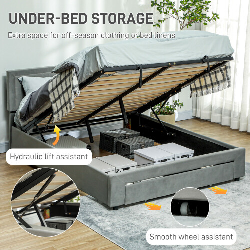 Homcom HOMCOM Double Bed Frame with Storage and Adjustable Velvet Headboard, Grey 1