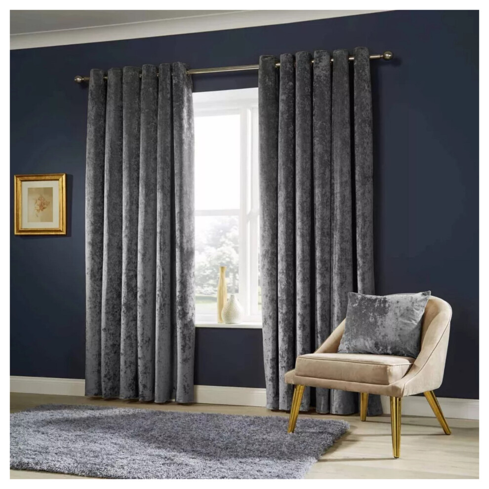 (GREY, 66 x 54) Soft Velvet Curtains Eyelet Ring Top Ready Made UK