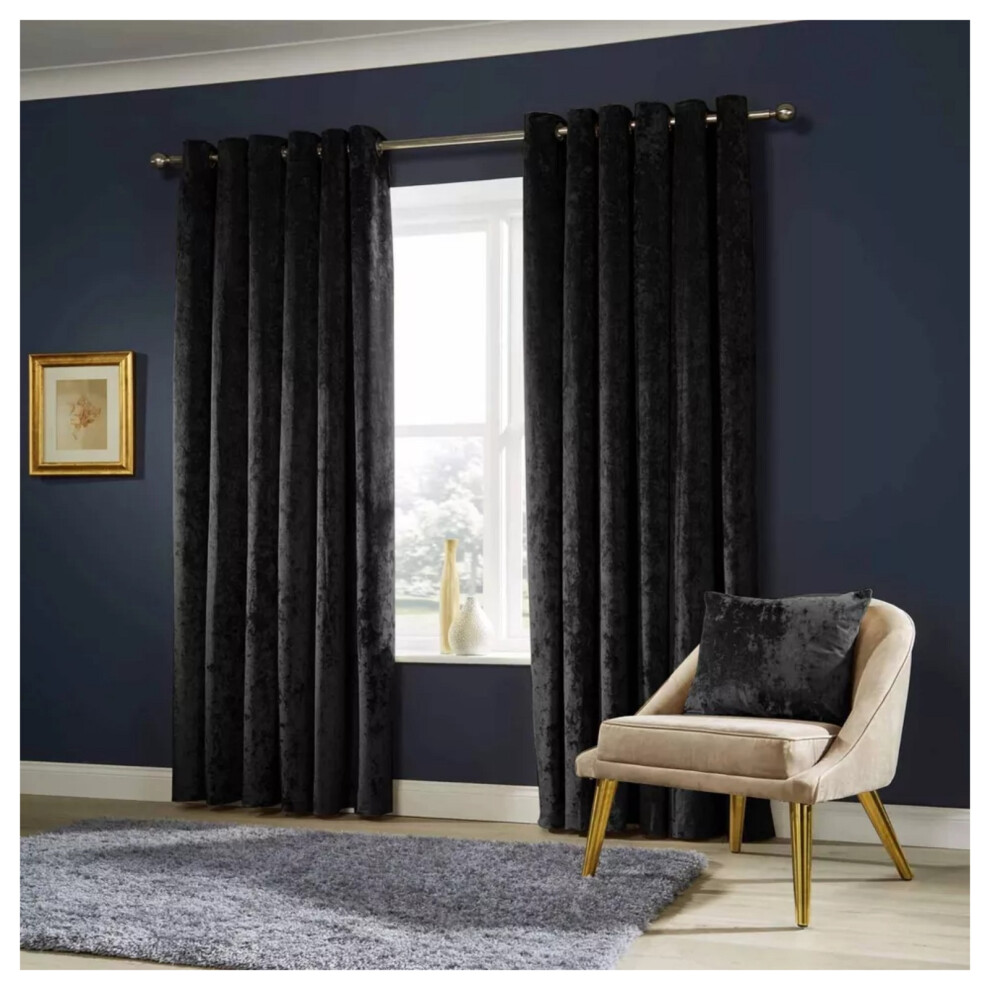 (BLACK, 66 x 84 DOOR CURTAIN) Soft Velvet Curtains Eyelet Ring Top Ready Made UK