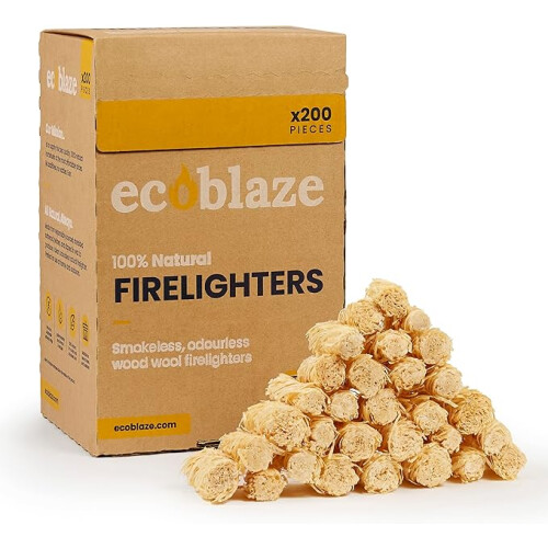 Ecoblaze Natural 200 Firelighters BBQ Pizza Oven Fire Pits Wood Wool Fire Starters Perfect Garden Camping Safe Clean Wax Coated Instant Firestarter