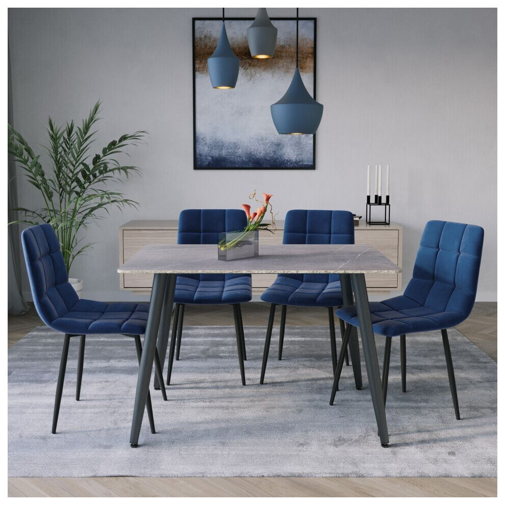 Urbn Living (Armani Grey + 4 Blue Velvet Chairs) 120Cm Modern Dining Table & Velvet Chairs Set Blue,Grey