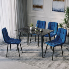 (Crimea Shinny + 4 Blue Velvet Chairs) 120cm Modern Dining Table & Velvet Chairs Set