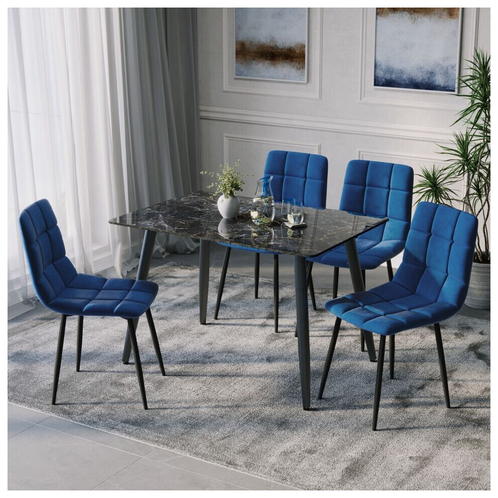 Urbn Living (Crimea Shinny + 4 Velvet Chairs) 120Cm Modern Dining Table & Velvet Chairs Set Blue