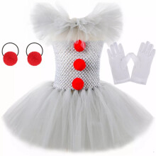 (Dress+Headband+Glove, 8-9Y) Kids Girls Pennywise Clown Fancy Dress Party Halloween Cosplay Costume Outfit UK