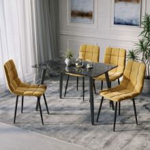 (Crimea Shinny + 4 Yellow Velvet Chairs) 120cm Modern Dining Table & Velvet Chairs Set