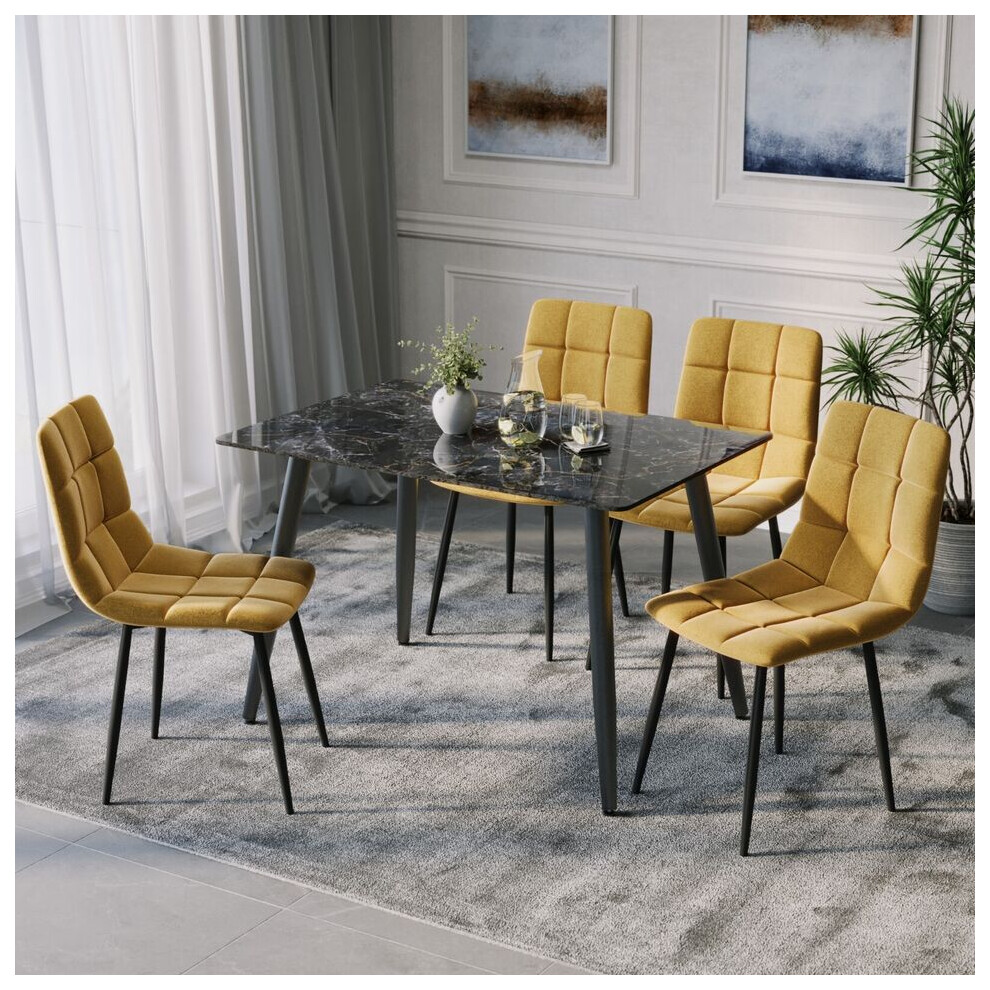 Urbn Living (Crimea Shinny + 4 Velvet Chairs) 120Cm Modern Dining Table & Velvet Chairs Set Yellow