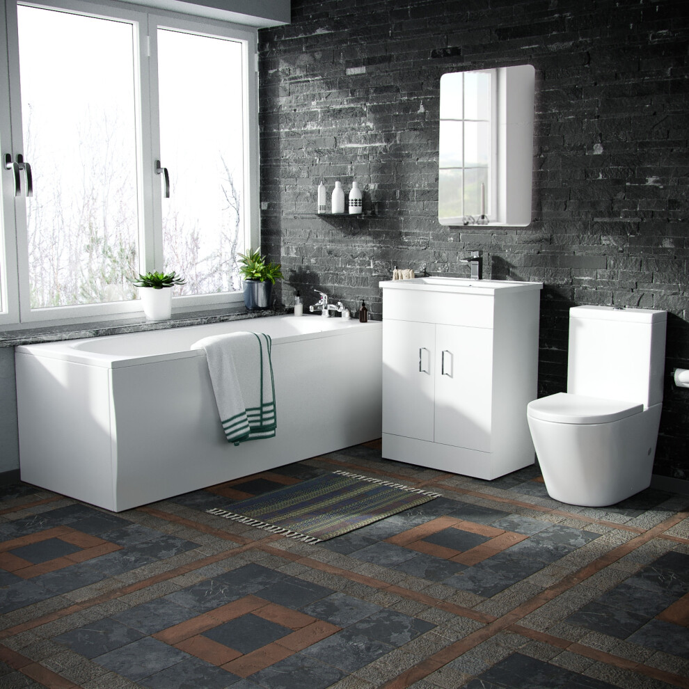 Basin Vanity Unit & Close Coupled WC Toilet with Straight Edge Bath Suite