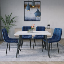 (White Matt + 4 Blue Velvet Chairs) 120cm Modern Dining Table & Velvet Chairs Set