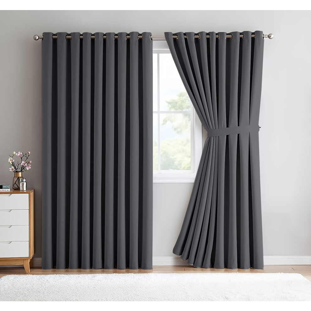(Dark Grey - Stamped, 66" x 54") Heavy Thermal Blackout Curtains Pair Eyelet Ring Top Ready Made Window Panel Free Tieback