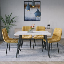 (White Matt + 4 Yellow Velvet Chairs) 120cm Modern Dining Table & Velvet Chairs Set