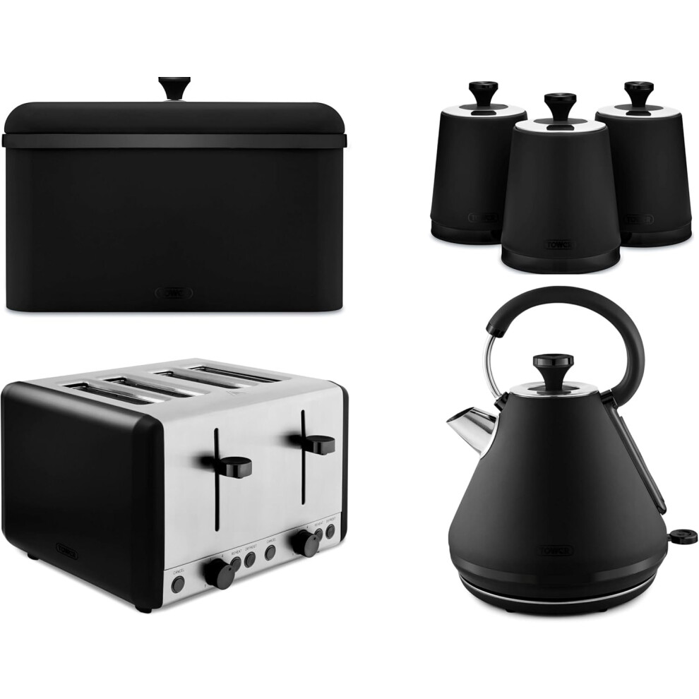 Tower Sera Black Kettle 4 Slice Toaster Breadbin Canisters Set