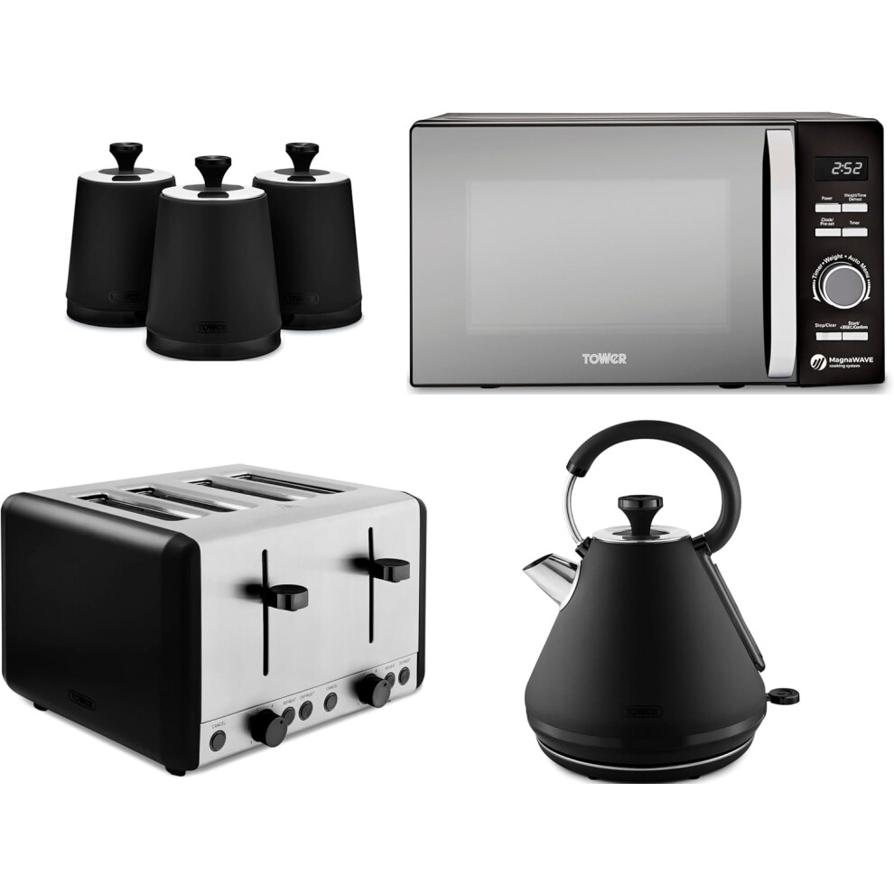 Tower Sera Black Kettle 4 Slice Toaster Microwave & Canisters Set