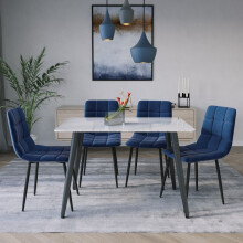 (Gloss White + 4 Blue Velvet Chairs) 120cm Modern Dining Table & Velvet Chairs Set