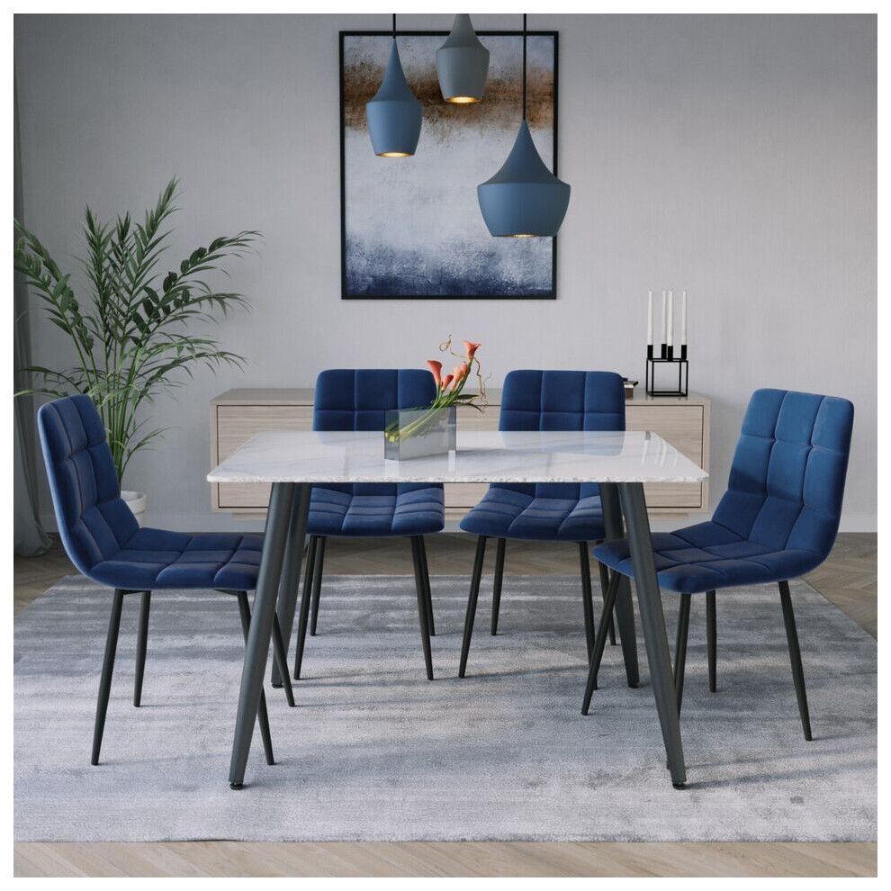 Urbn Living (Gloss White + 4 Blue Velvet Chairs) 120Cm Modern Dining Table & Velvet Chairs Set Blue,White