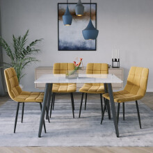 (Gloss White + 4 Yellow Velvet Chairs) 120cm Modern Dining Table & Velvet Chairs Set