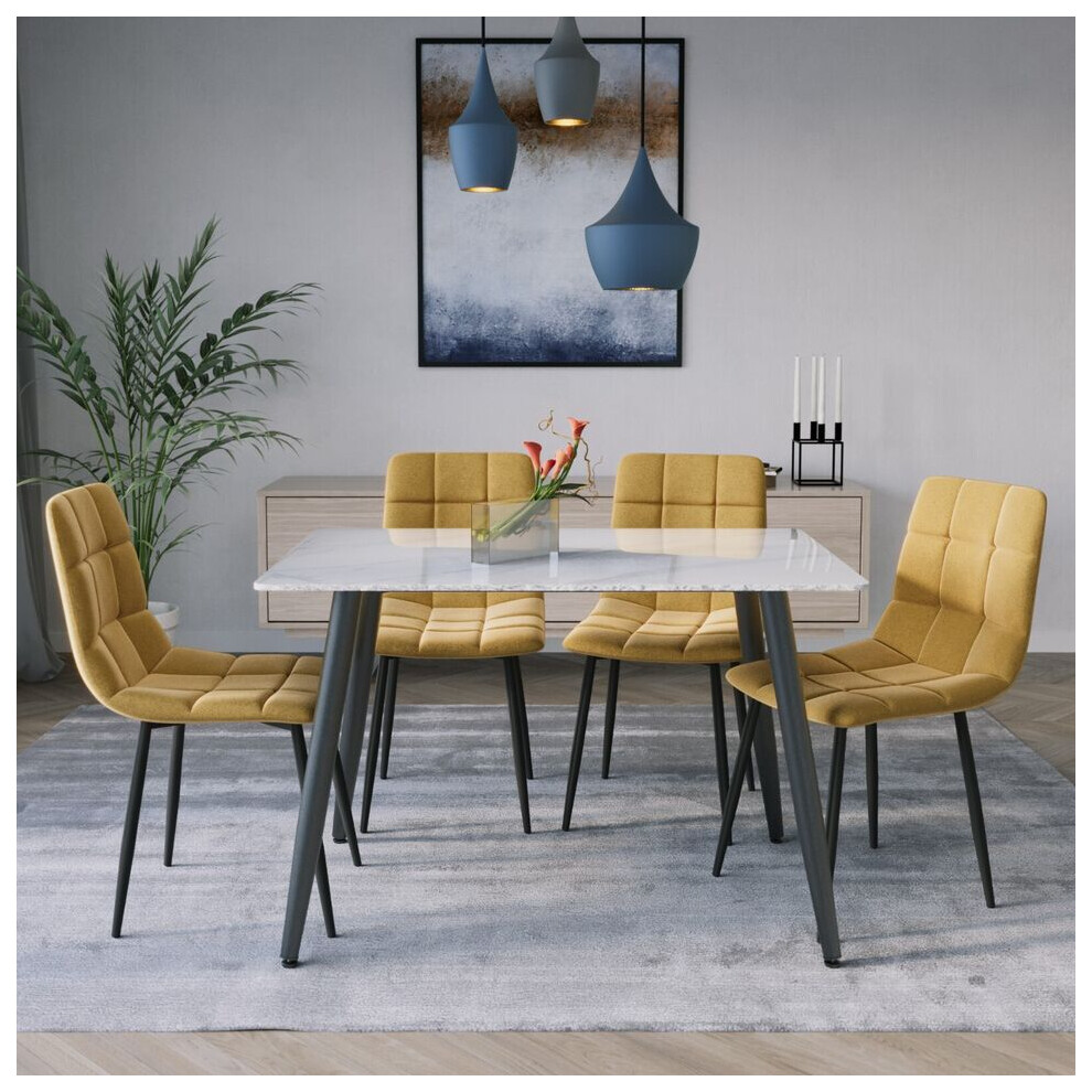 Urbn Living (Gloss White + 4 Yellow Velvet Chairs) 120Cm Modern Dining Table & Velvet Chairs Set White,Yellow