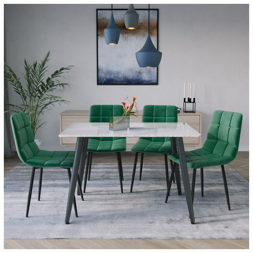 (Gloss White + 4 Green Velvet Chairs) 120cm Modern Dining Table & Velvet Chairs Set