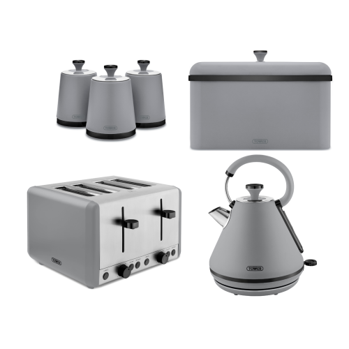 Tower Tower Sera Grey Pyramid Kettle 4 Slice Toaster Breadbin & Canisters