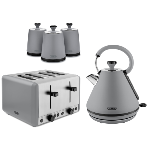 Tower Tower Sera Grey Pyramid Kettle 4 Slice Toaster & Canisters Kitchen Set