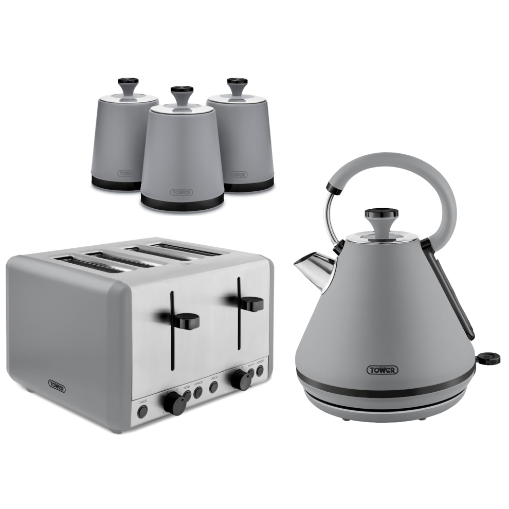 Tower Sera Grey Pyramid Kettle 4 Slice Toaster & Canisters Kitchen Set