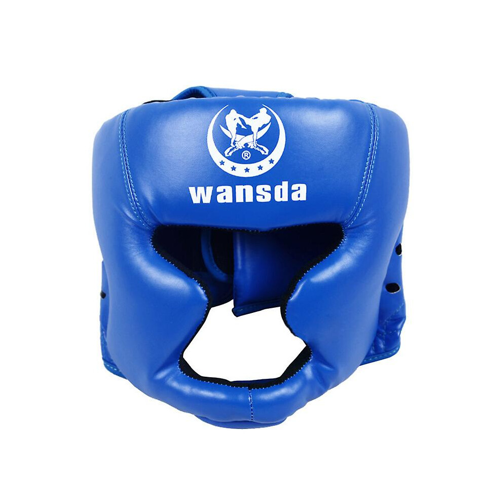 (Blue) Headgear Head Guard Training Kick Boxing Protector Sparring Gear Face Helmet