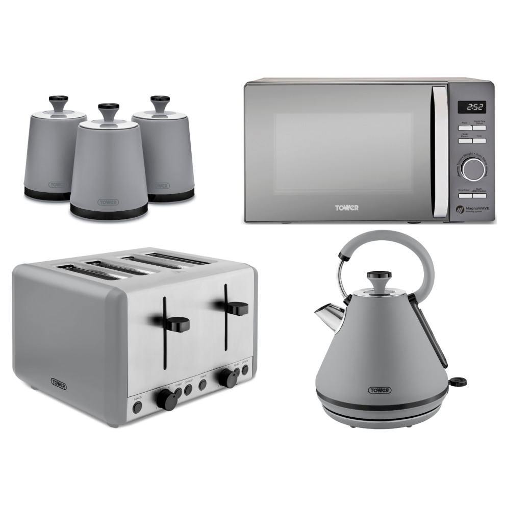 Tower Sera Grey Kettle 4 Slice Toaster Canisters Microwave Kitchen Set