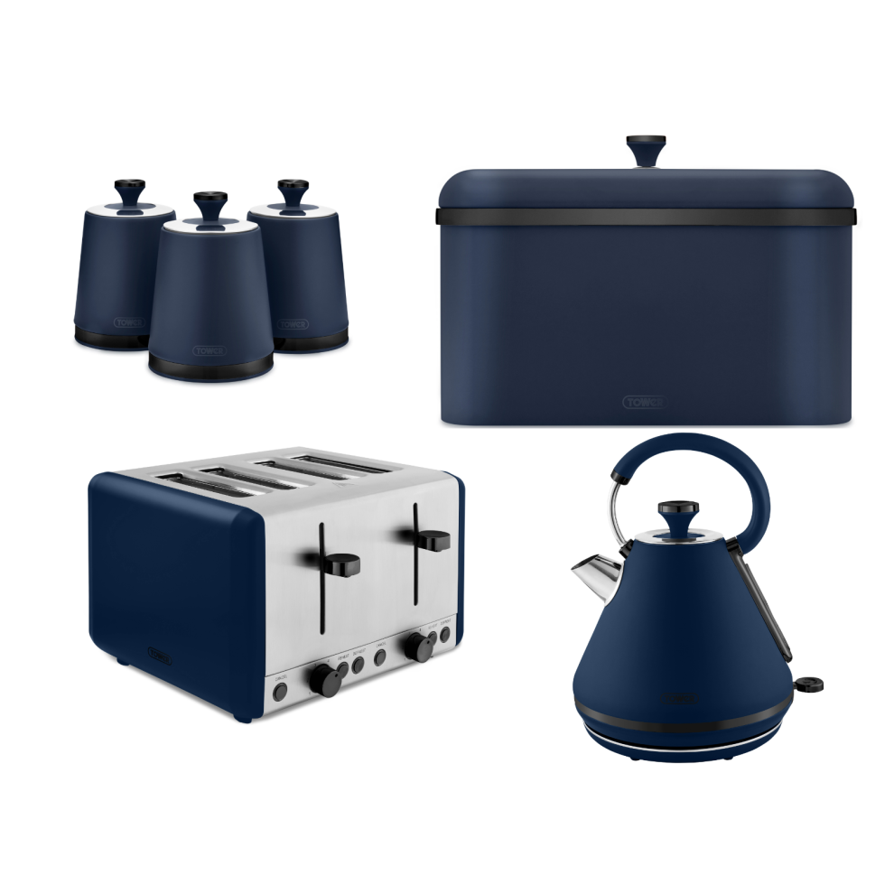 Tower Sera Midnight Blue Kettle Toaster Bread Bin & Canisters Set