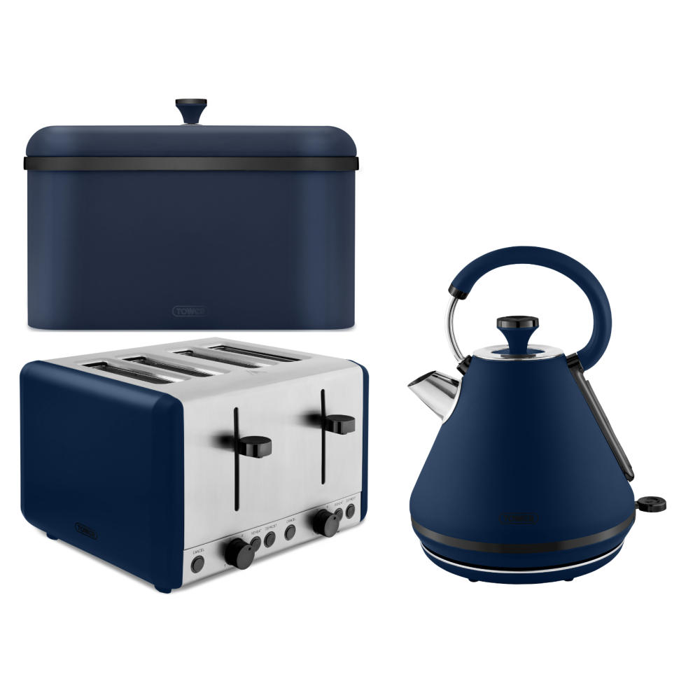 Tower Sera Midnight Blue Kettle 4 Slice Toaster & Bread Bin Set