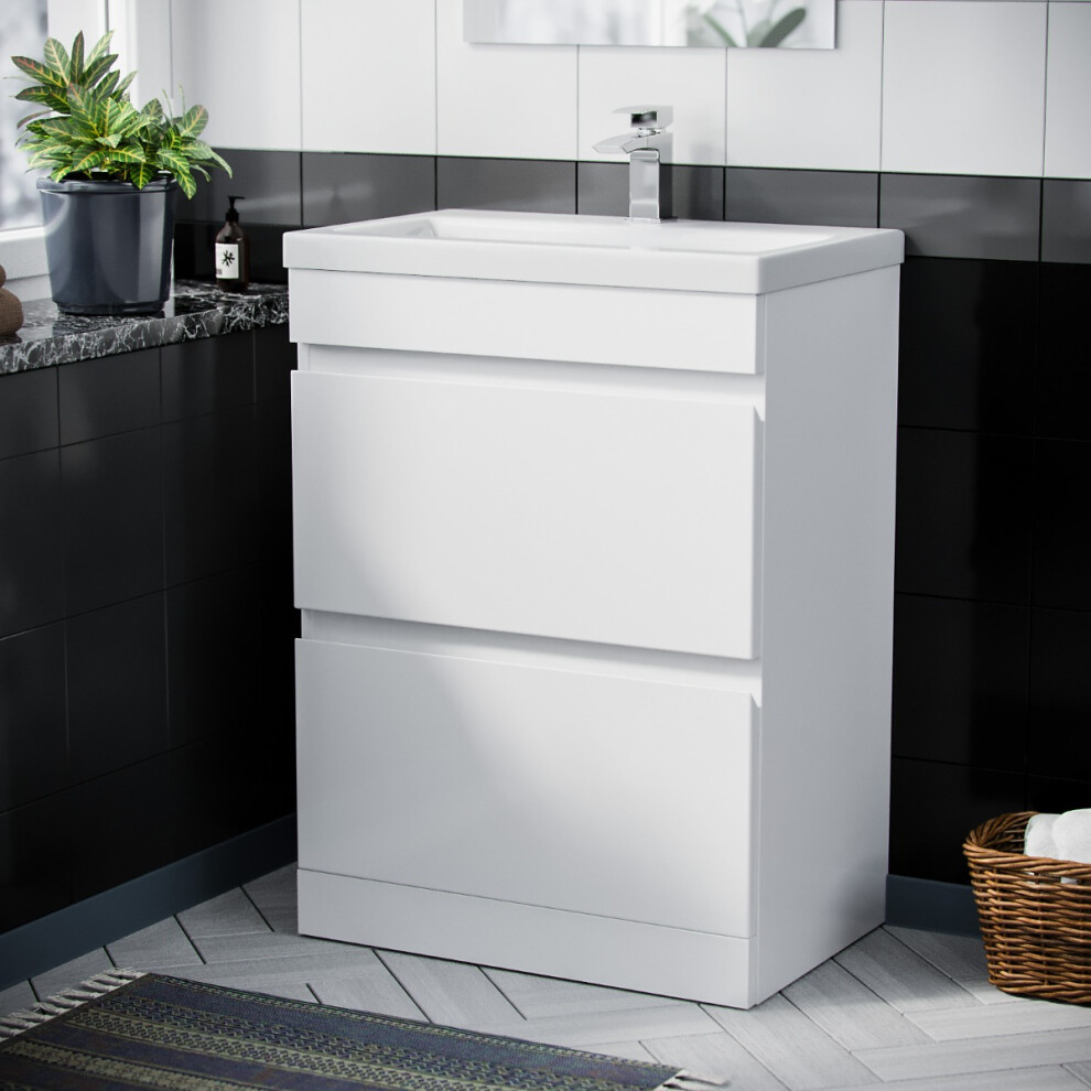 Hardie 600mm 2 Drawer White Floorstanding Vanity Cabinet and Basin Sink Unit