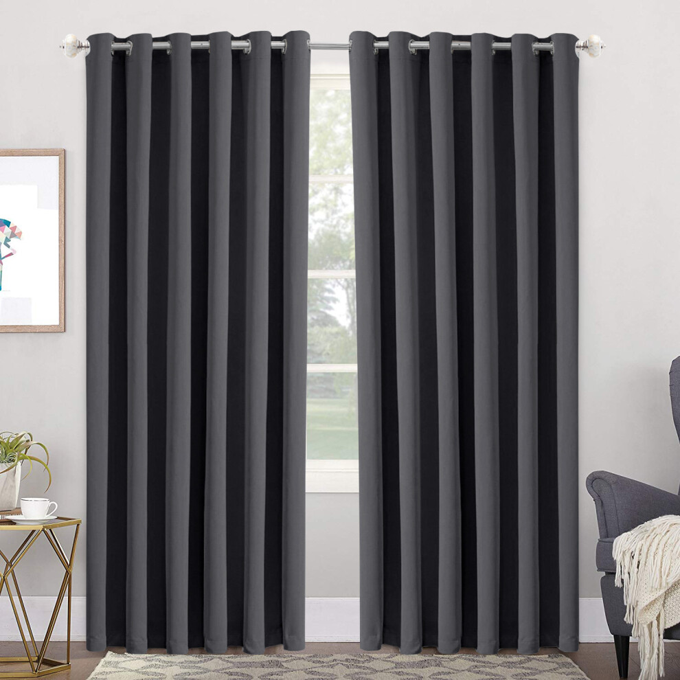 (Dark Grey - Stamped, 66" X 72") Heavy Thermal Blackout Curtains Pair Eyelet Ring Top Ready Made Window Panel Free Tieback