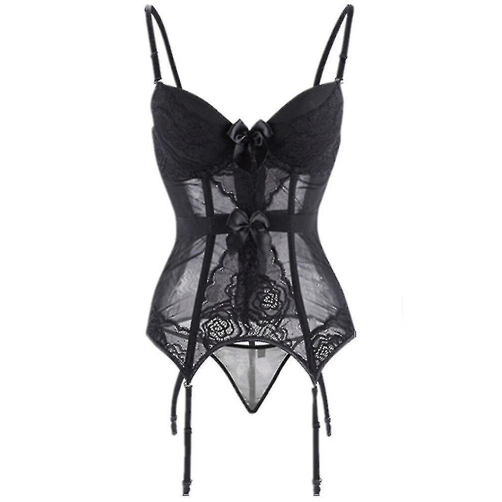 (, 4XL) Plus Size Corset Lingerie Lace Floral Transparent Padded Cup Corsets Straps Underwear Bowknot Corset Bustiers With Suspenders Black