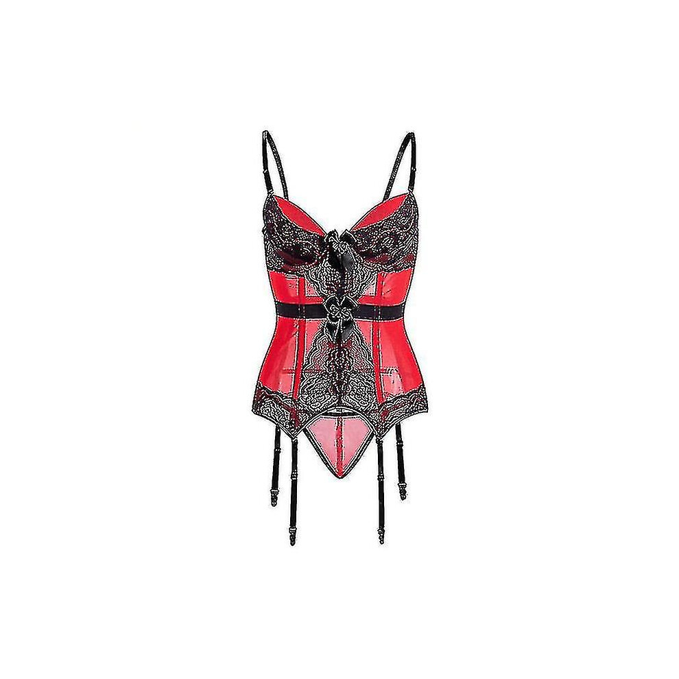 (, 5XL) Plus Size Corset Lingerie Lace Floral Transparent Padded Cup Corsets Straps Underwear Bowknot Corset Bustiers With Suspenders Red