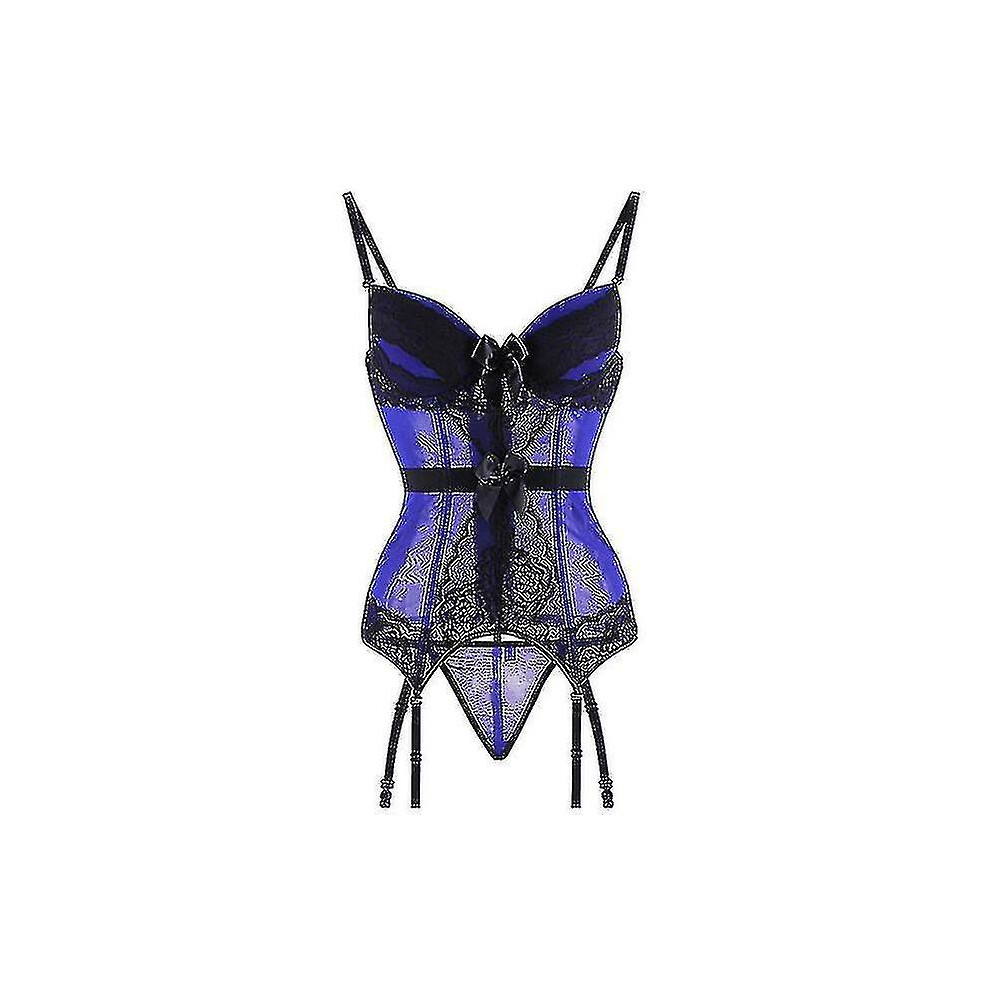 (, Xxl) Plus Size Corset Lingerie Lace Floral Transparent Padded Cup Corsets Straps Underwear Bowknot Corset Bustiers With Suspenders Blue